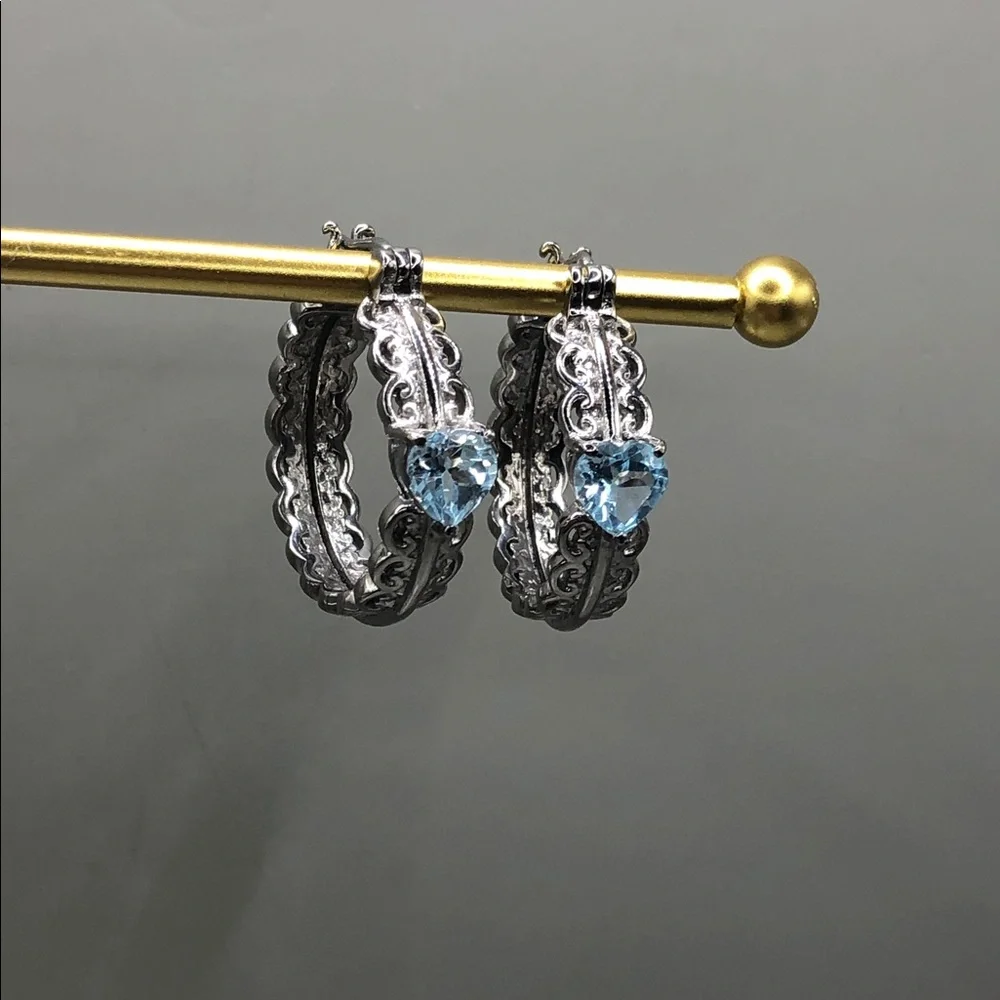 EverTrue Sky Blue Topaz Heart Hoop Earrings Stainless Steel Statement Style NEW